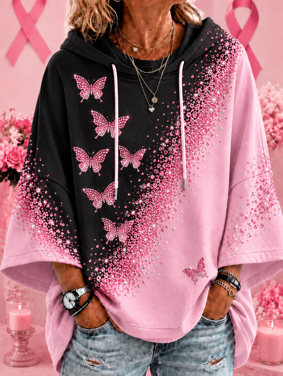Kvinnlig långärmad hoodie mot bröstcancer