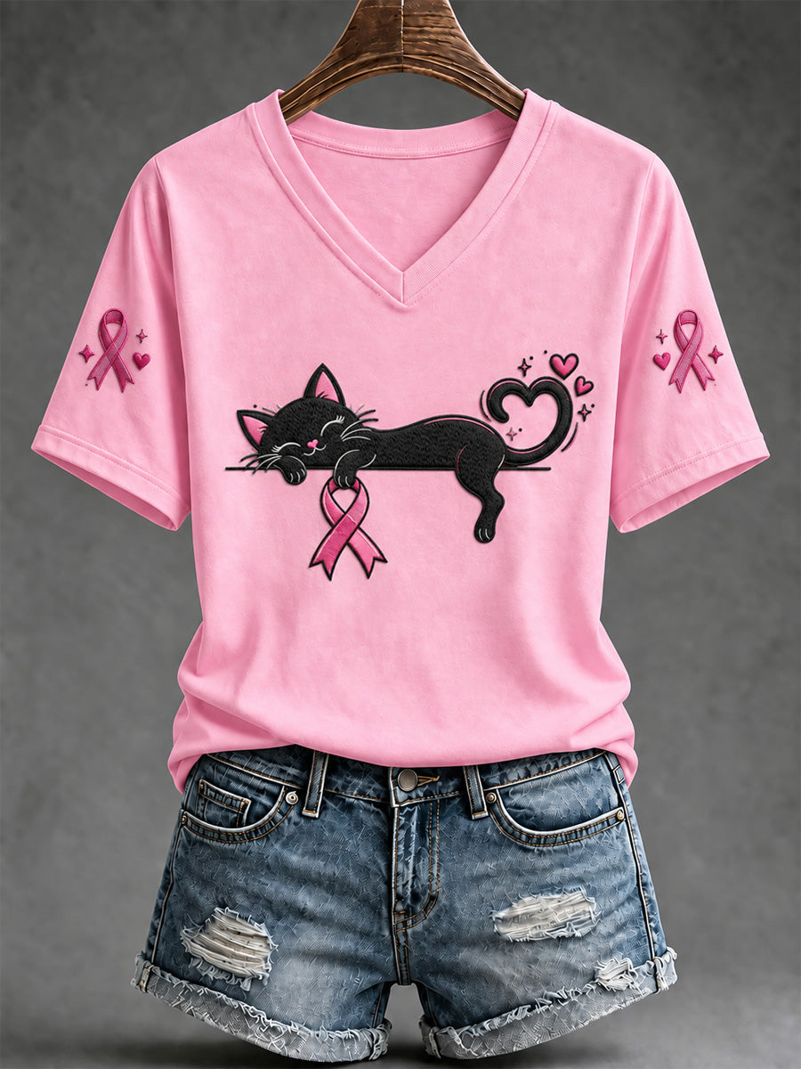 Kvinnors bröstcancer medvetenhet Stöd Print V-Neck Tee