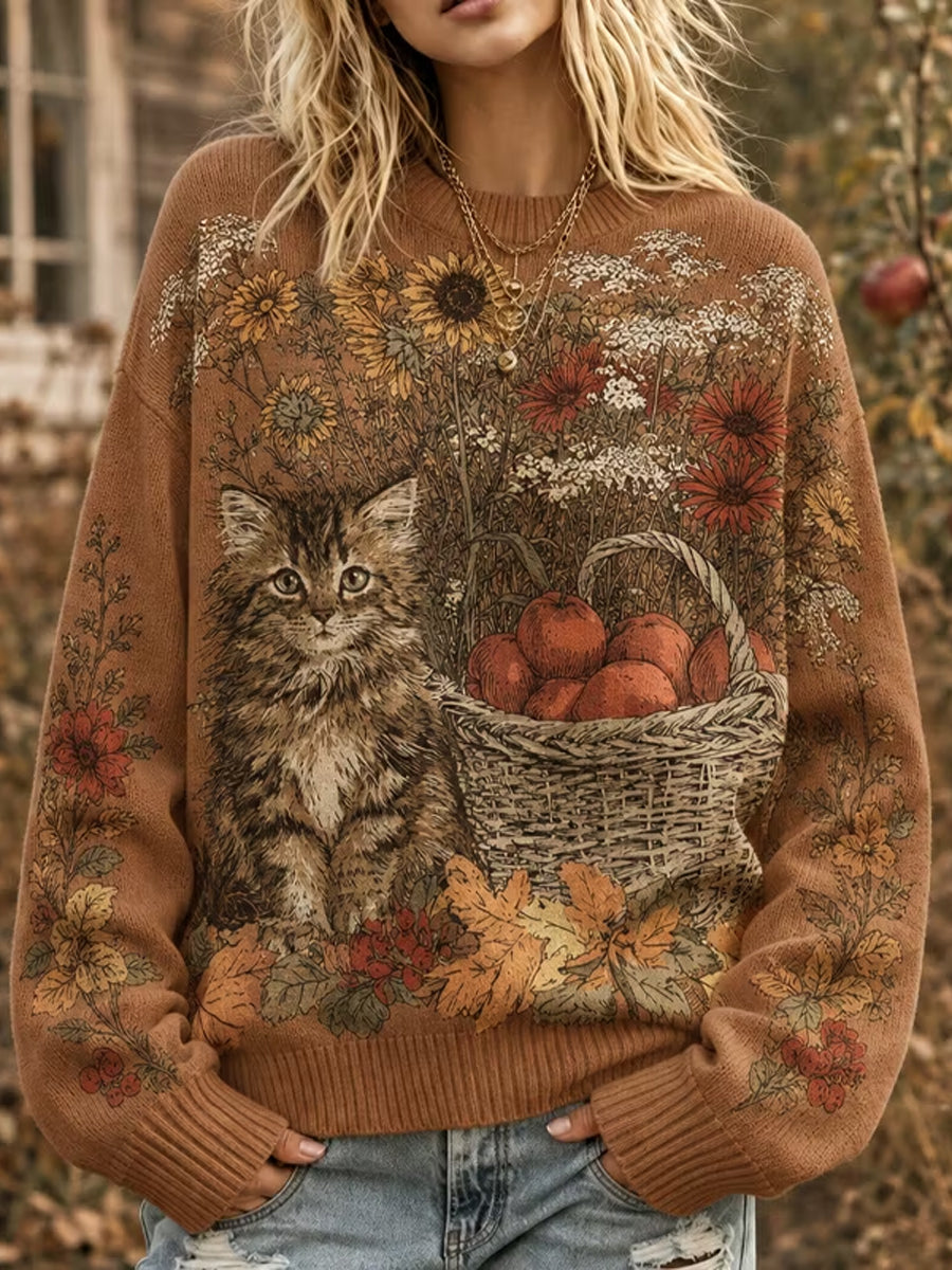 Kvinnors söta höst katt WIth Floral Print besättning hals tröjar