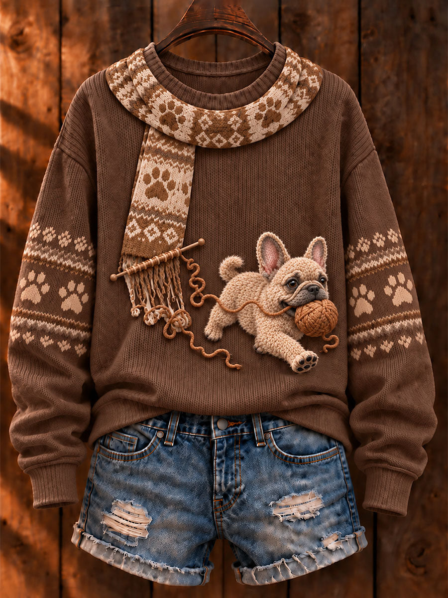 Kvinnors "Mischievous Dog" Franska Bulldog Konst Print Casual Tröjar