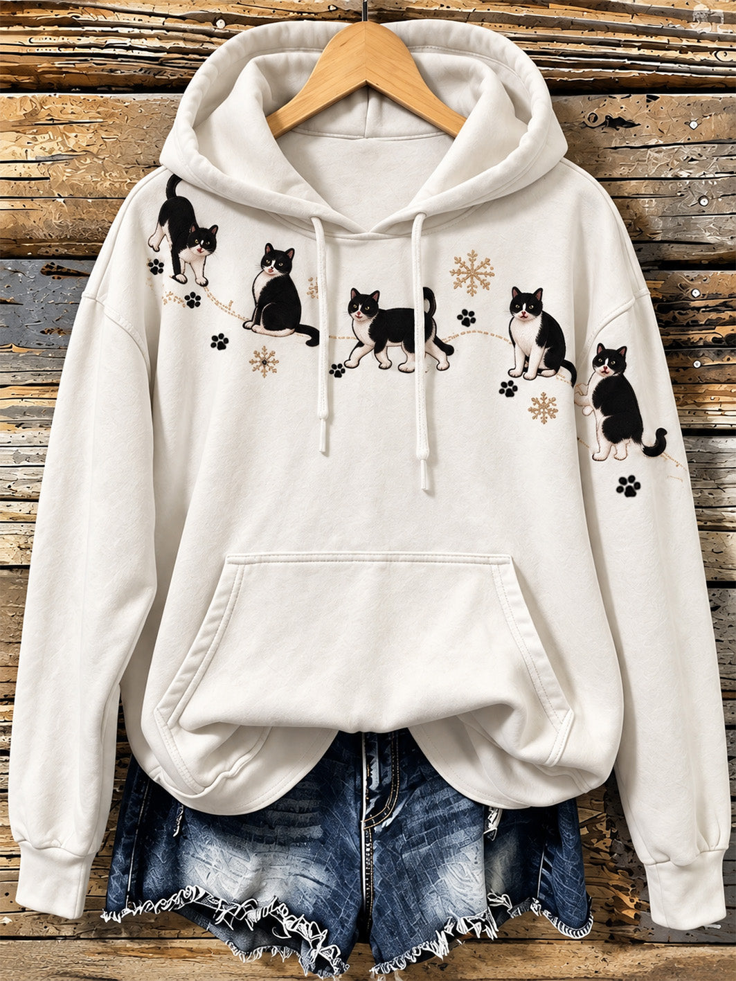 Kvinnlig avslappnad hoodie med söt kattmönstertryck