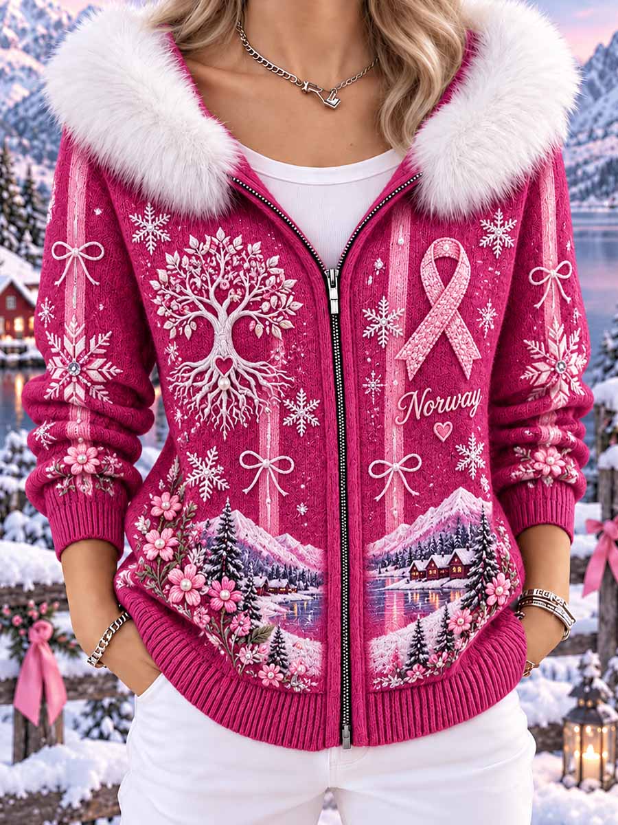 Kvinnors vinter rosa liv Träd medvetande mönster tryckt tröjacka