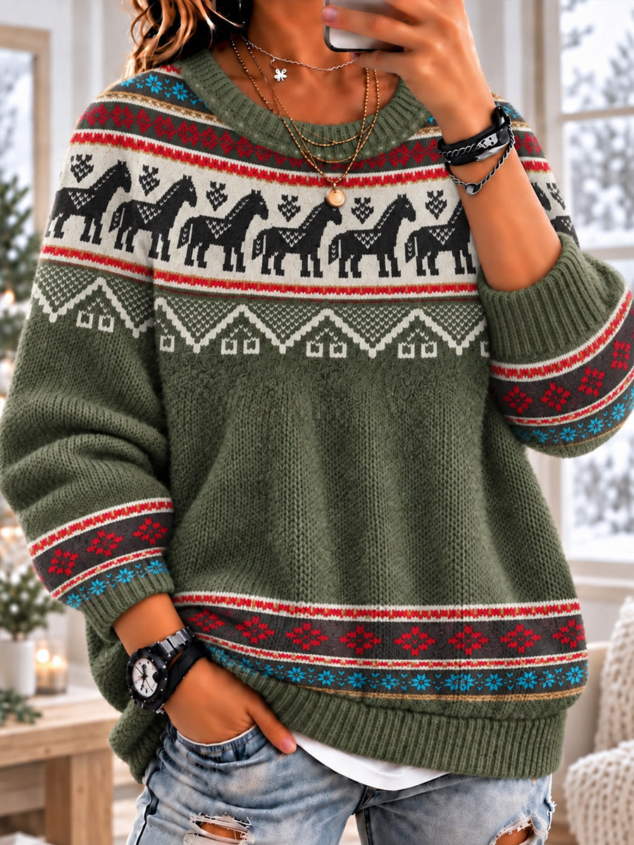 Kvinnors Nordiska Countryside Hästar Lång ärm Crewneck Tröjar