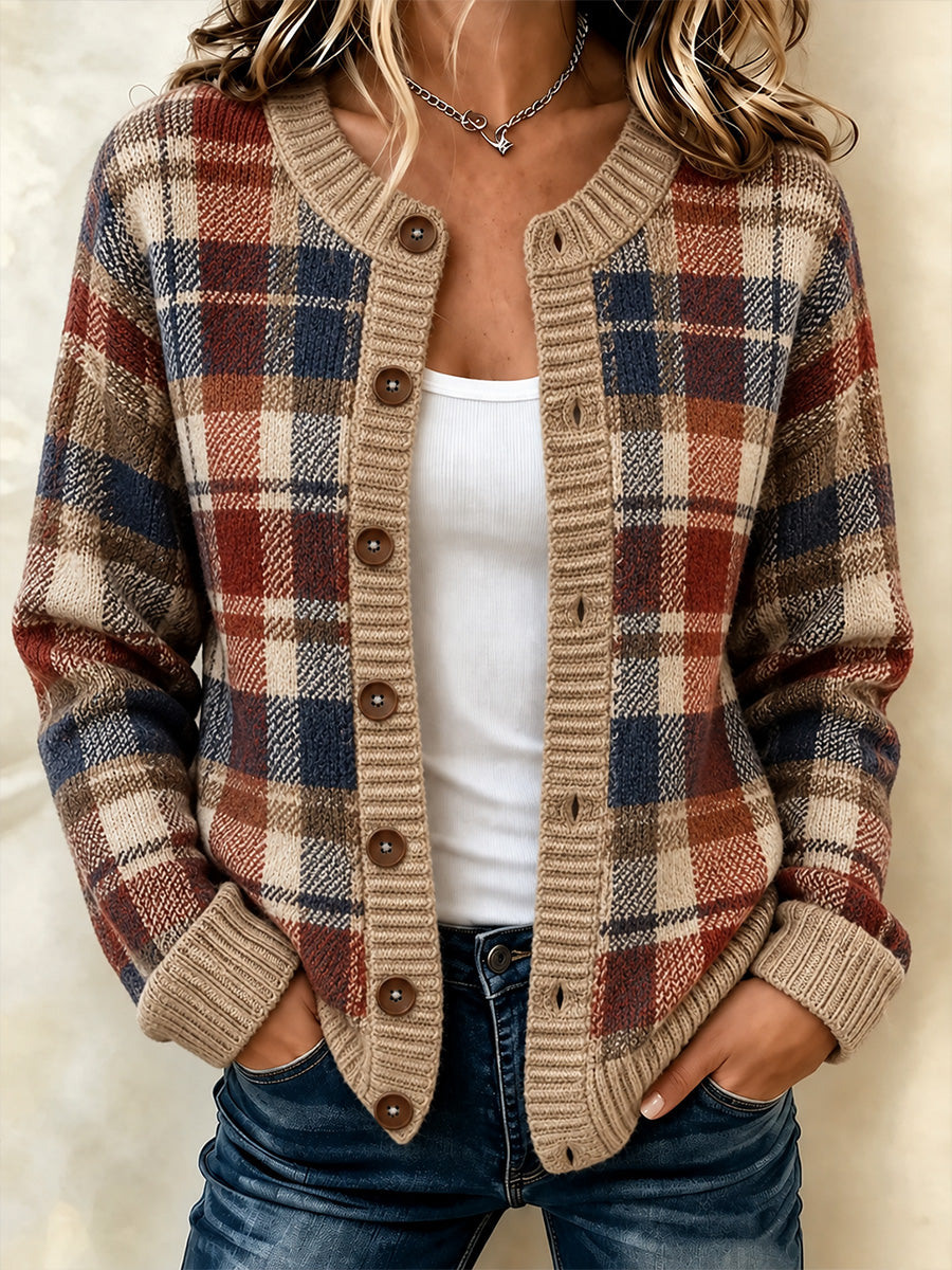 Kvinnors Vintage Plaid Print Patchwork konst cardigan