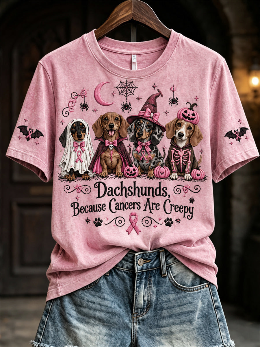 Kvinnors Dachhundar eftersom cancer är läskig Halloween Rosa hundar Skriv ut kortärmad t-shirt