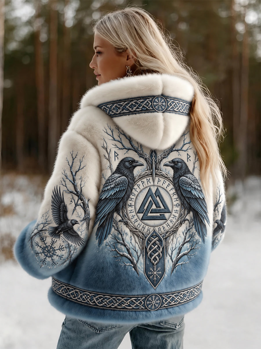 Damvinterjacka i flanell med vintage-viking- och keltiskt knutmotiv, kråktryck och gradientfärgning