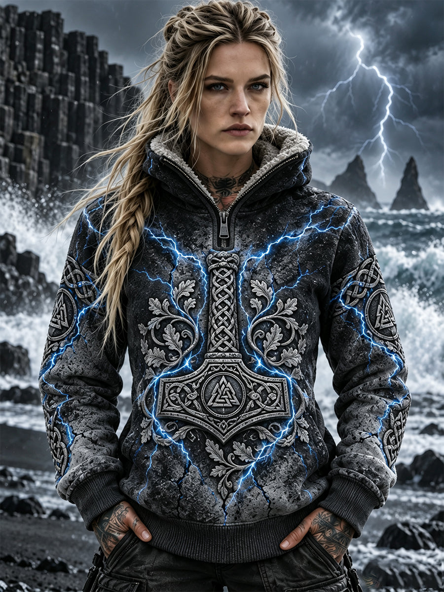 Damsweatshirt i retro nordisk vikingstil med fleecefoder och dragkedja