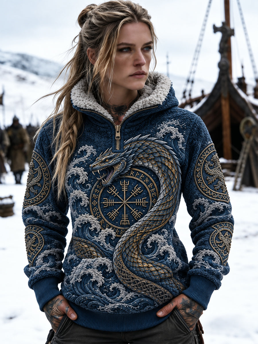 Damsweatshirt i retro nordisk vikingstil med fleecefoder och dragkedja