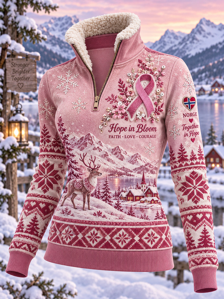 T-shirt med grafiskt tryck för bröstcancermedvetande, mockhals och långa ärmarna
