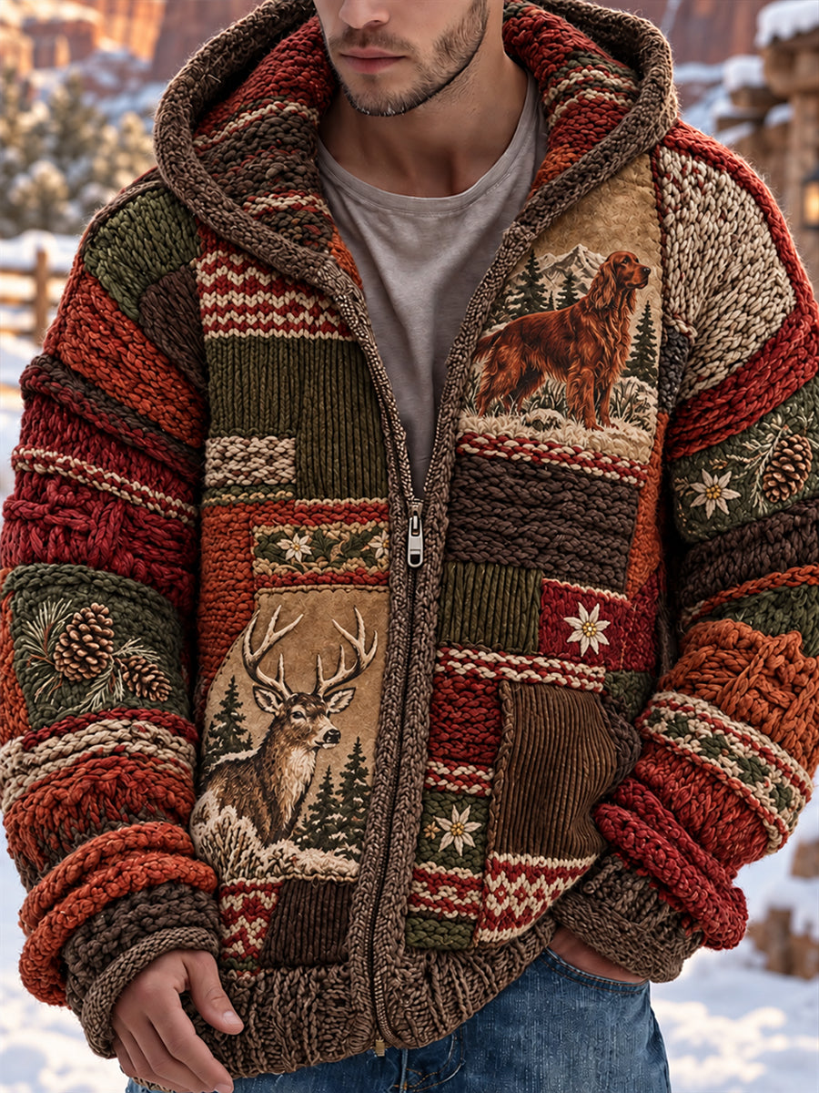 Retro Nordic Western Animal Art Graphic Zip-Up Sweater Jacket Casual Bekvämt