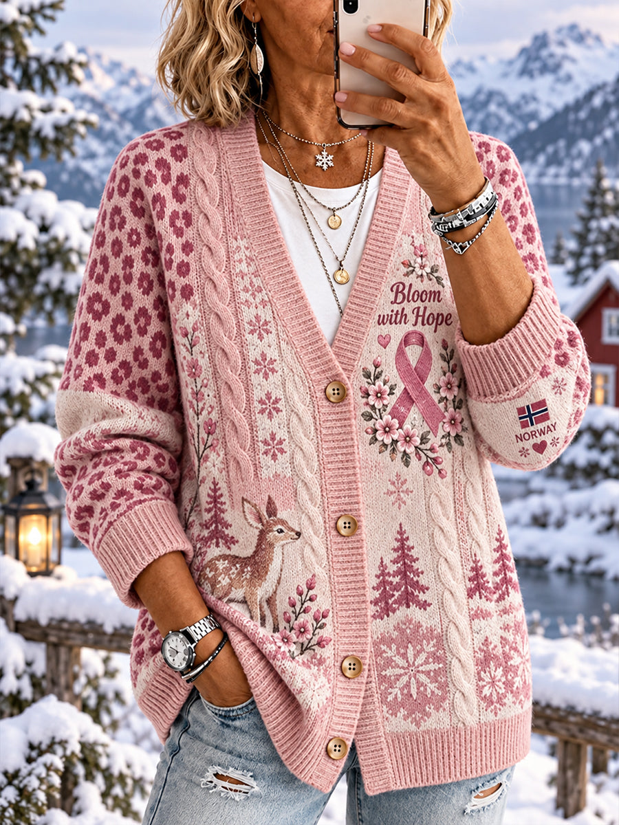 Kvinnors bröstcancer medvetenhet Grafisk Knit Cardigan