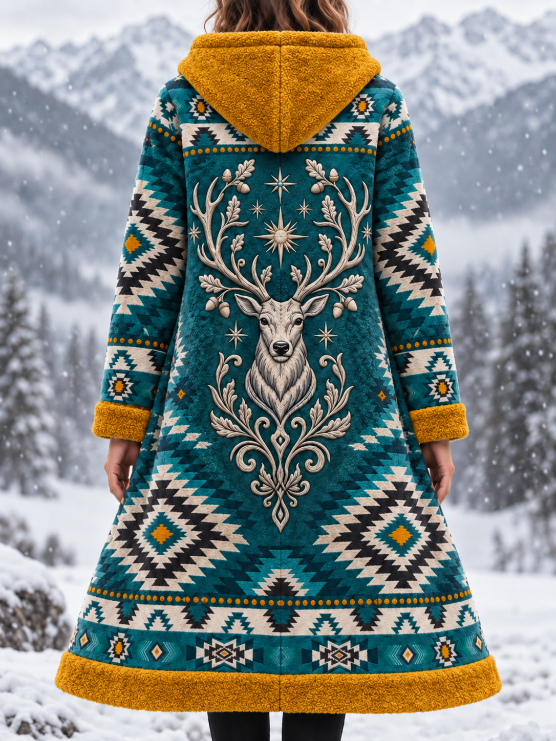 Kvinnors Vintage Nordic-Style Aztec Deer Head Tjock Flannel Jacka