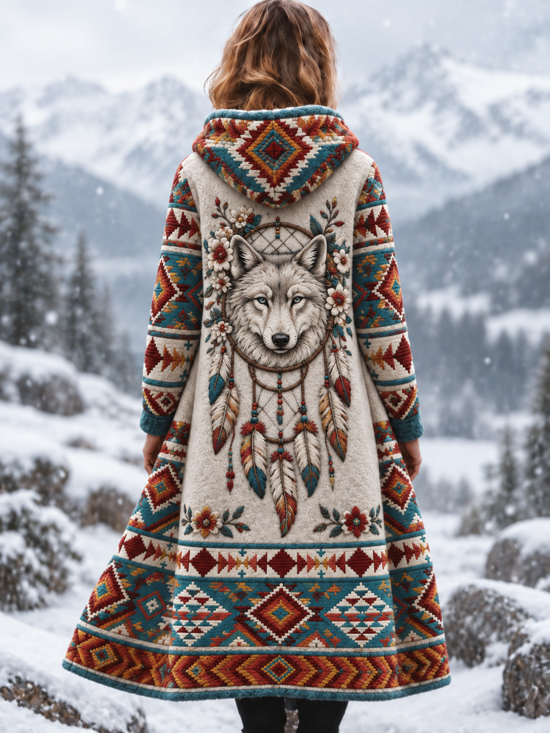 Kvinnors Vintage Viking Wolf Head Aztec Tjock Flannel Jacka