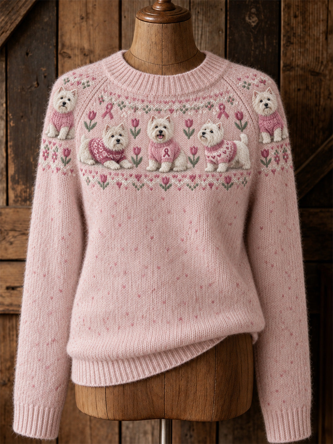 Kvinnors hund mönster och rosa välgörenhetsband Design Casual Raglan ärm tröjar