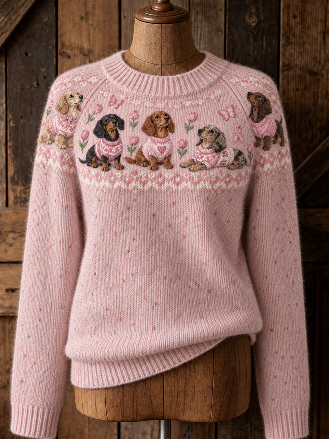 Damtröja med hundmönster och rosa välgörenhetsband, avslappnad modell med raglanärmar