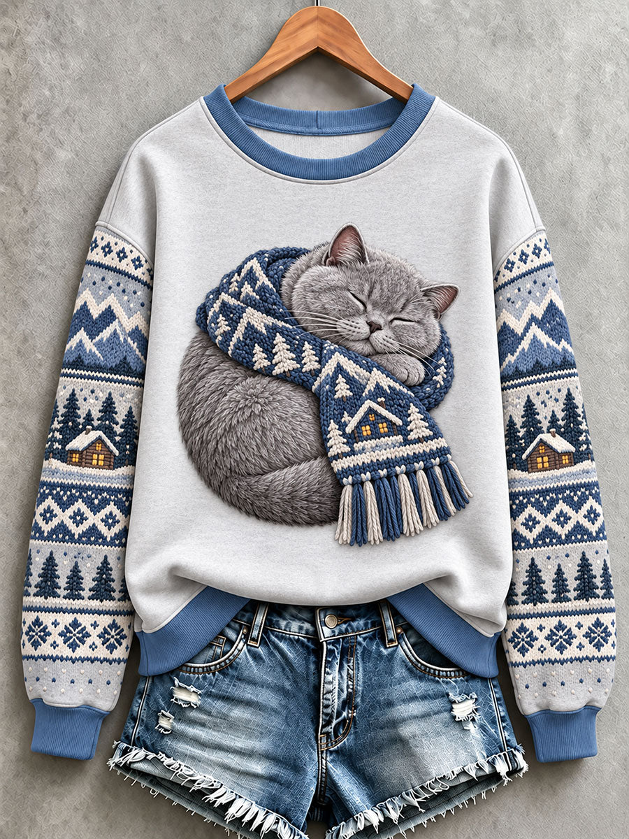 Söt damtröja med kattmotiv, normal passform