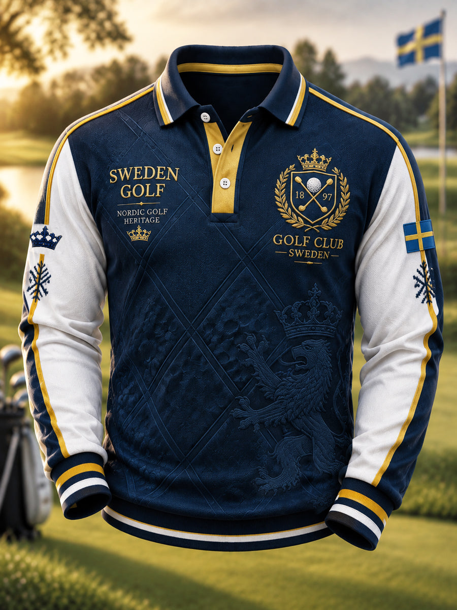 Herrpolotröja i svensk golfstil med mönstrat tyg