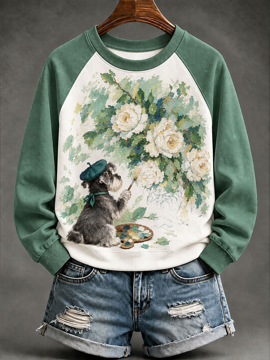 Kvinnors "Dog Artist" Vit ros Print Casual Sweatshirt
