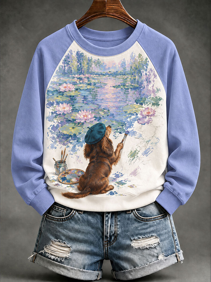 Kvinnors "Dog Artist" Vatten Lily Print Casual Sweatshirt