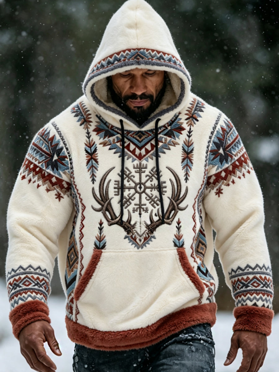 Herrens Vintage Nordic-stil Aztec hjort huvud tjock Flannel Hoodie.
