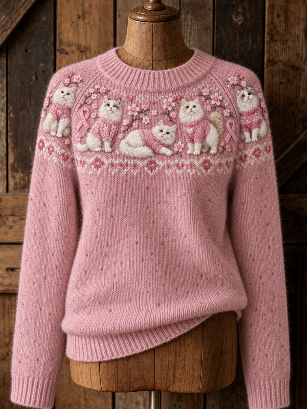 Damtröja med kattmönster och rosa välgörenhetsband, avslappnad modell med raglanärmar