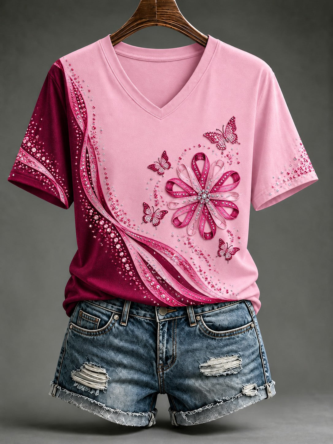 Kvinnor bröstcancer rosa tryckt V-hals T-shirt