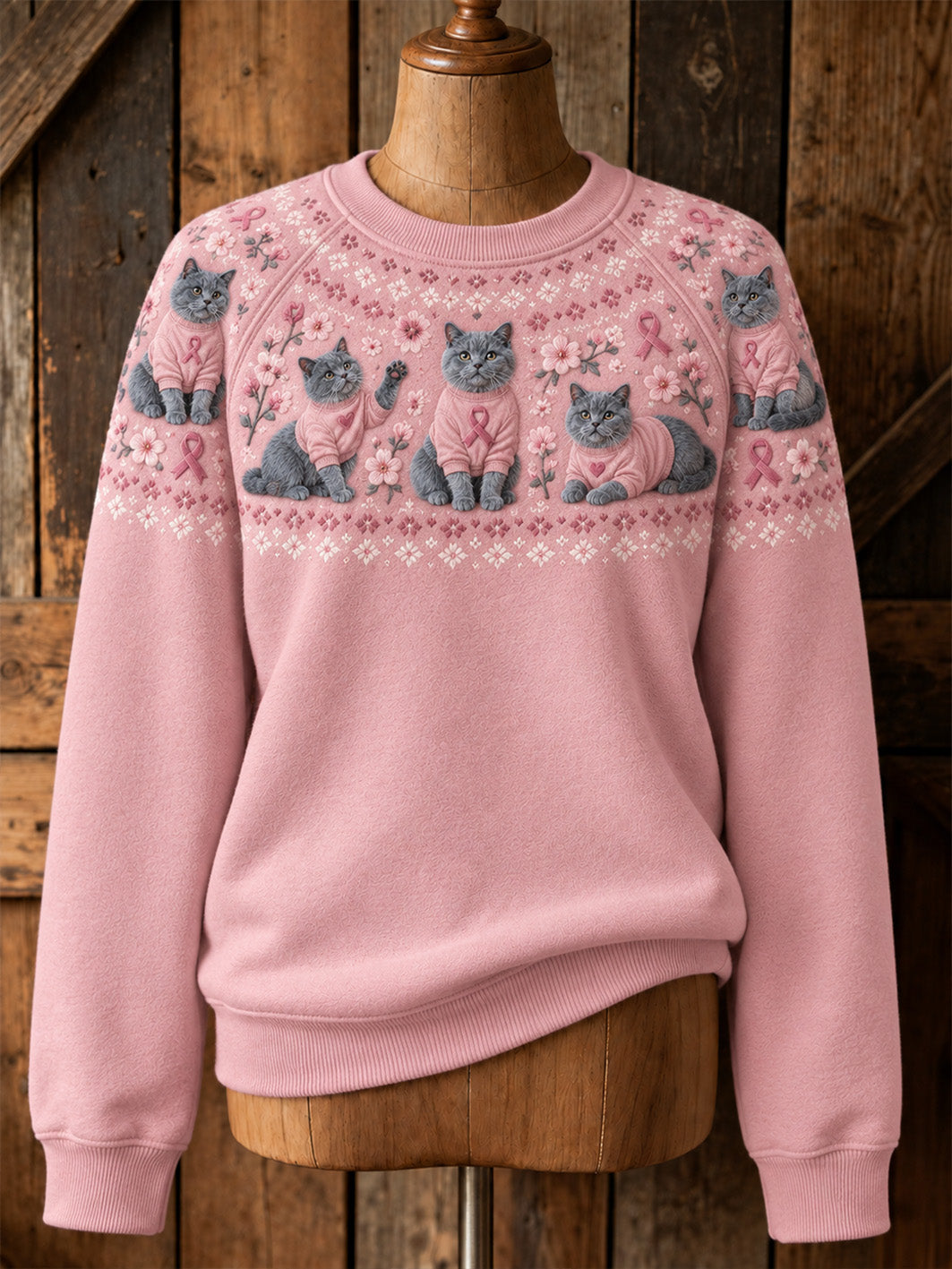 Kvinnors katt mönster och rosa välgörenhet Ribbon Design Casual Raglan ärm Sweatshirt