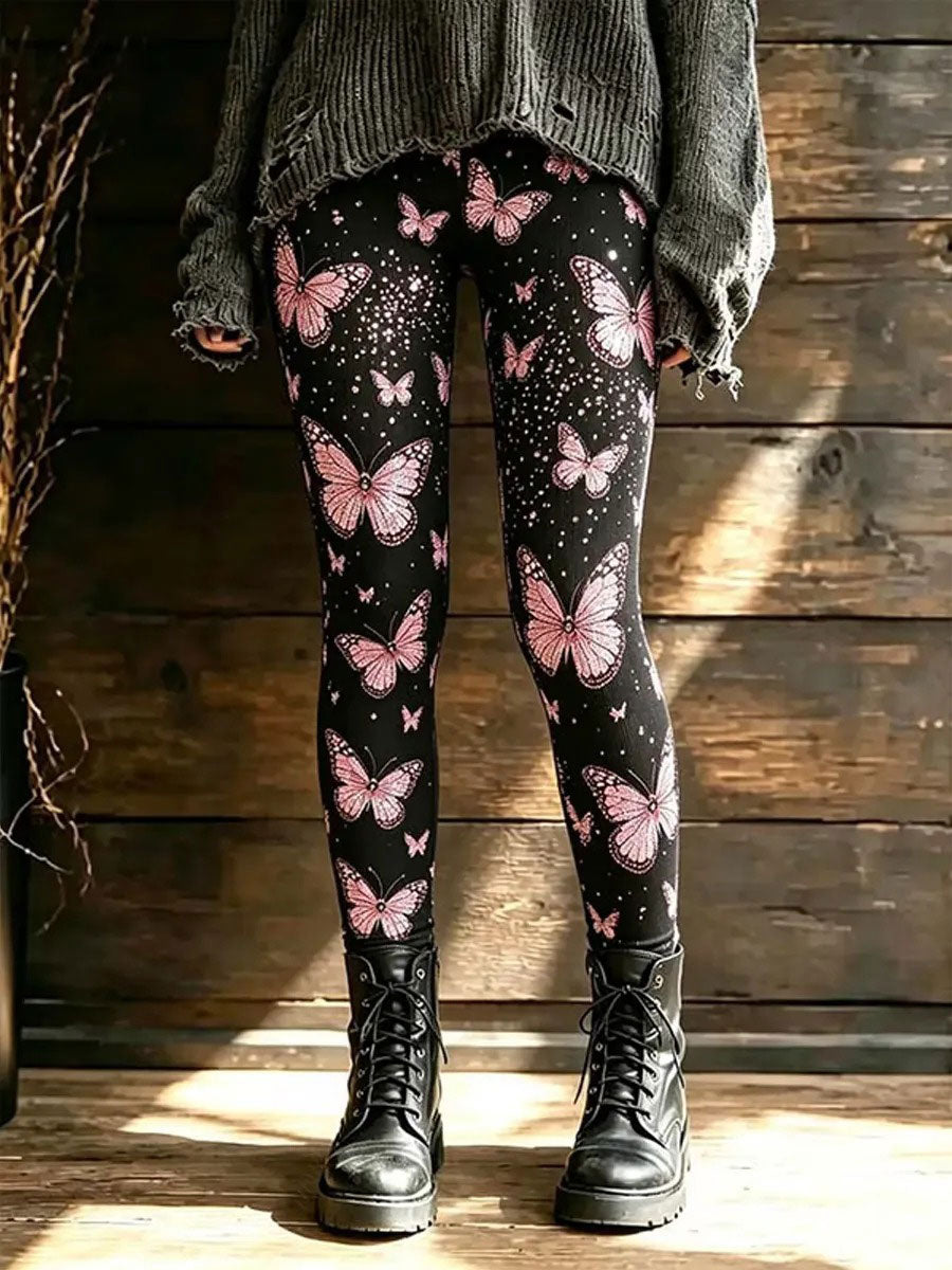 Kvinnors bröstcancer medvetenhet Butterfly Print Velvet Leggings
