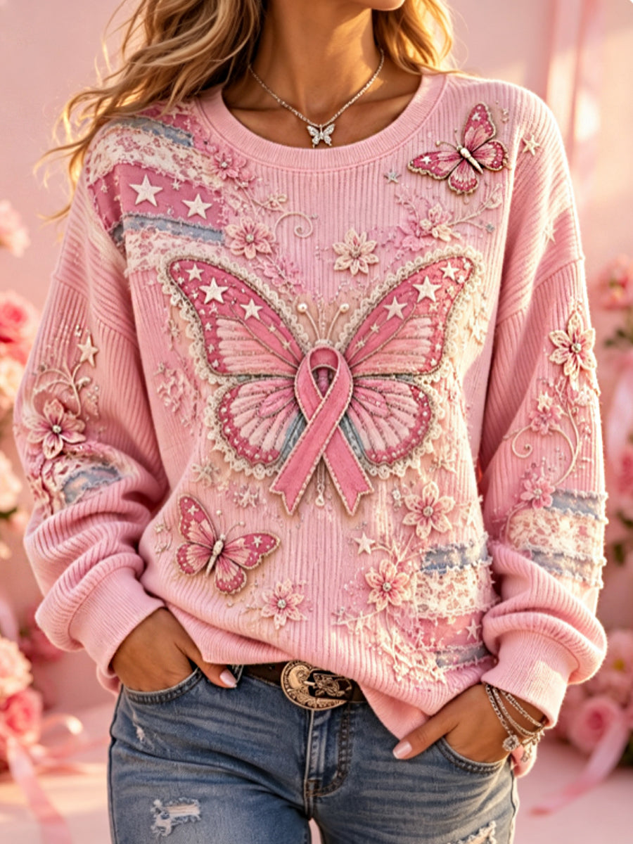 Kvinnors Bröstcancer medvetenhet blommig broderi konst Ribbed Round-Hack Sweatshirt