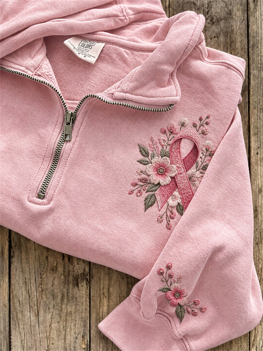 Kvinnors rosa Ribbon Floral Print Zip up Sweatshirt
