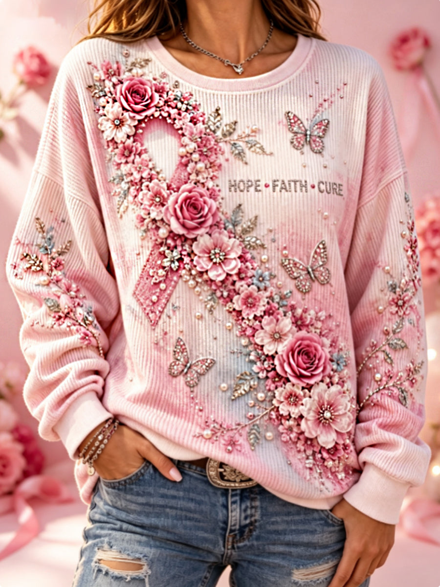 Kvinnlig broderad tröja med blommönster och ribbstickad rundhals – cancermedvetande för bröstcancer