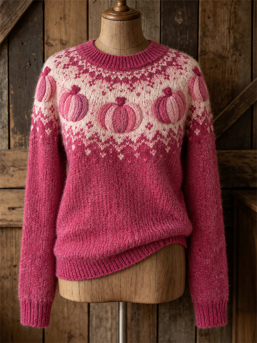 Damtröja med rund halsringning, vintageprydd med rosa pumpor och Yoke Isle-mönster