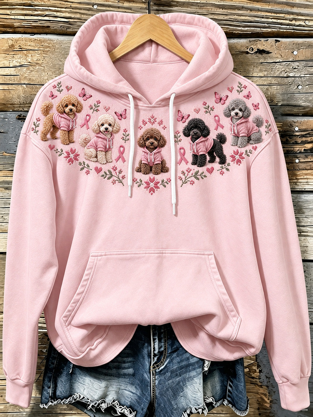Kvinnors hund mönster och rosa välgörenhetsband Design Casual Hoodie Design.