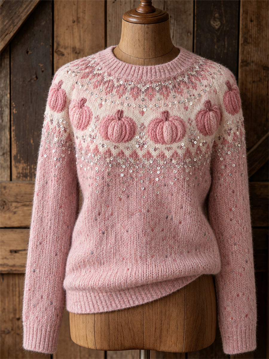 Damtröja med rund halsringning, vintageprydd med rosa pumpor och Yoke Isle-mönster
