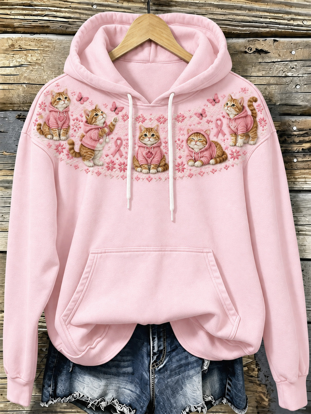Kvinnors katt mönster och rosa välgörenhet Ribbon Design Casual HoodieComment