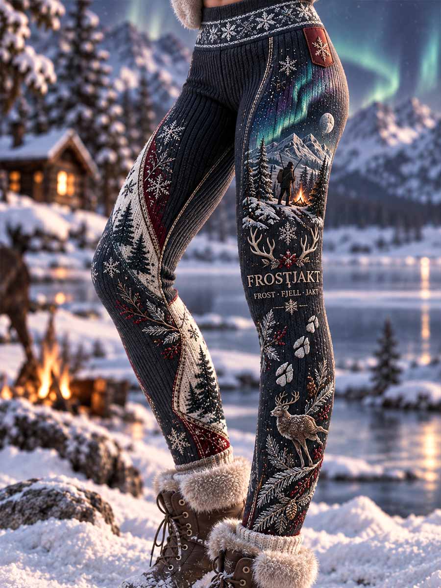 Damleggings med vintagejakt- och utomhusmotiv, tryckt mönster