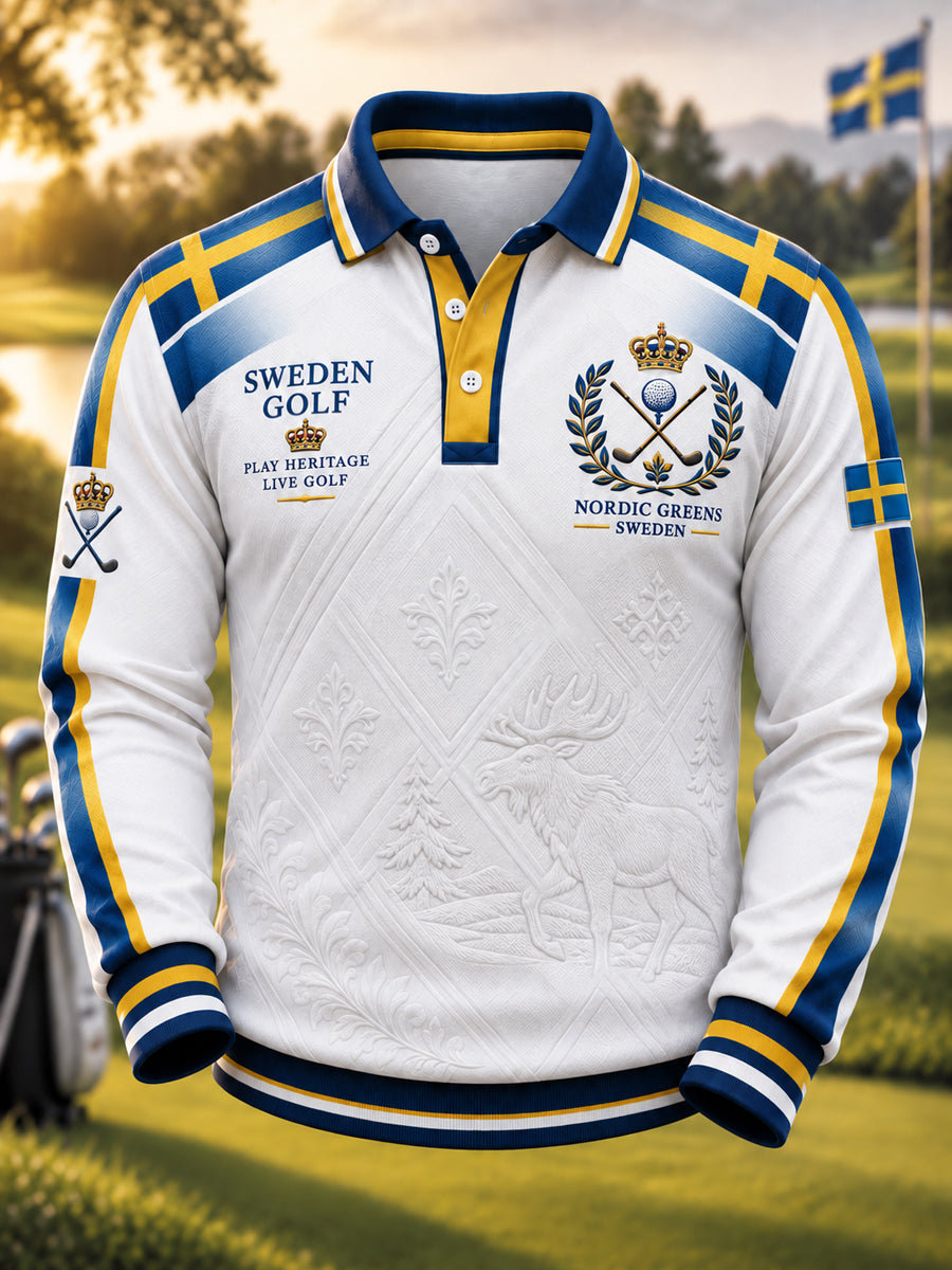 Herrpolskort med retroinspirerad svensk golfkonst och mönstrat patchwork