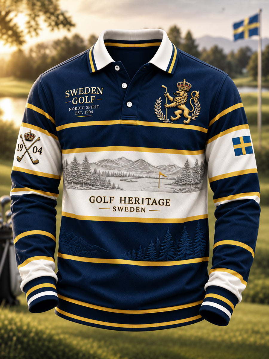 Klassisk golfpolotröja för män med konstnärlig randdesign