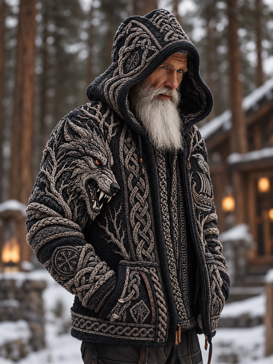 Vikingartad huvtröja med dragkedja för män