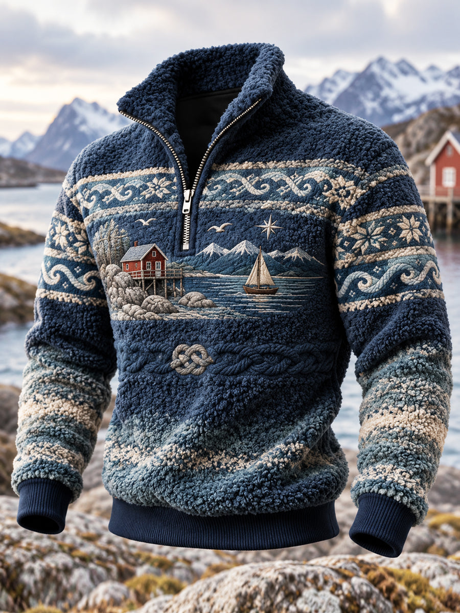 Retro nordisk flanellzipputdragen sweatshirt med kustinspirerat tema