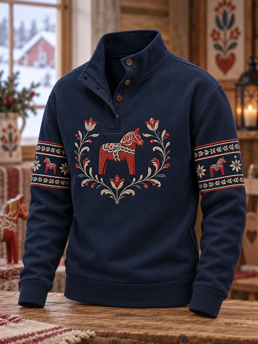 Herrpullover med Dalafolkets traditionella mönster, avslappnad stil och knäppning