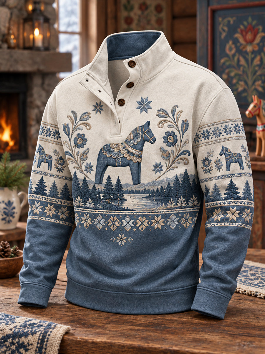 Herrpullover med Dalafolkets traditionella mönster, avslappnad stil och knäppning