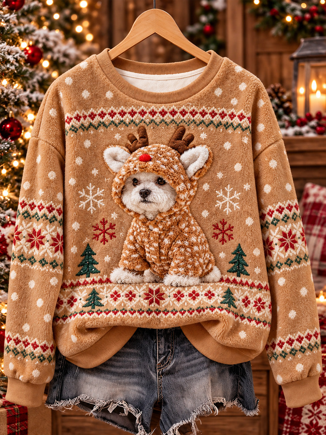 Kvinnors julhund mönster Casual Flannel Sweatshirt