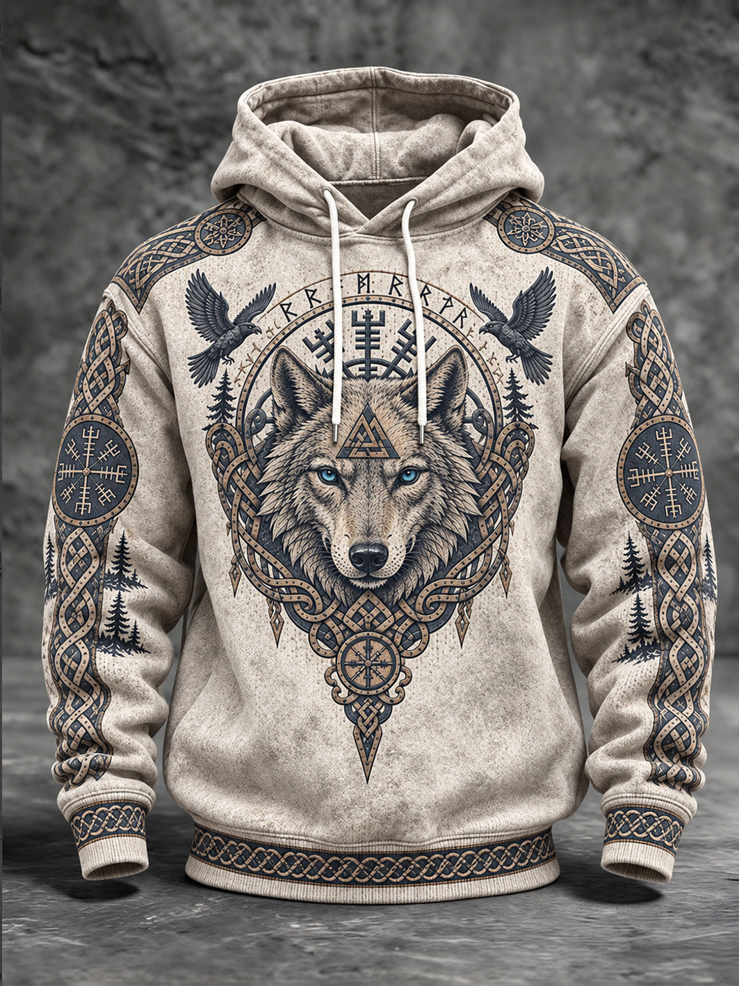 Mäns Retro Viking-stil Wolf huvud mönster Skriv ut Casual Hoodie.