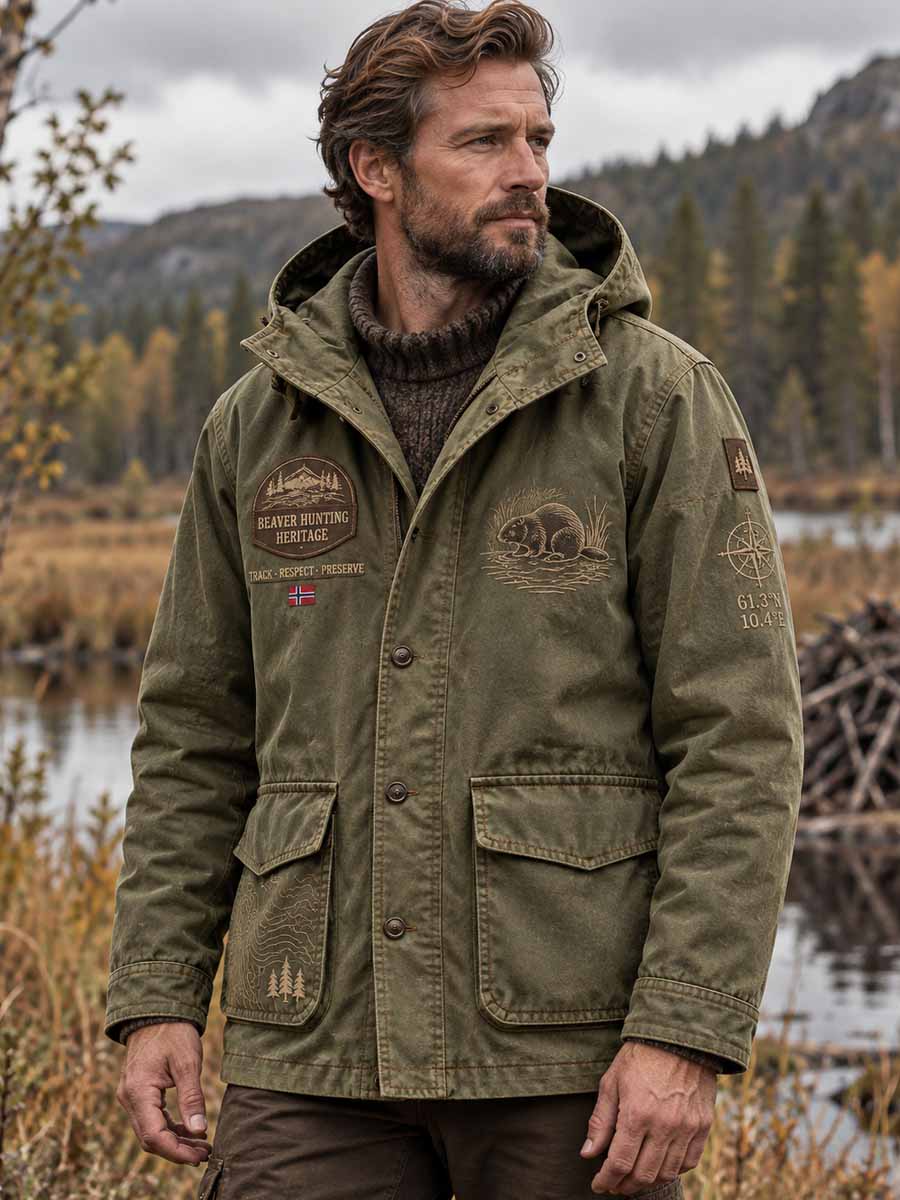 Mans Vintage Äventyr Jakt Säsong Tryckt Jacka