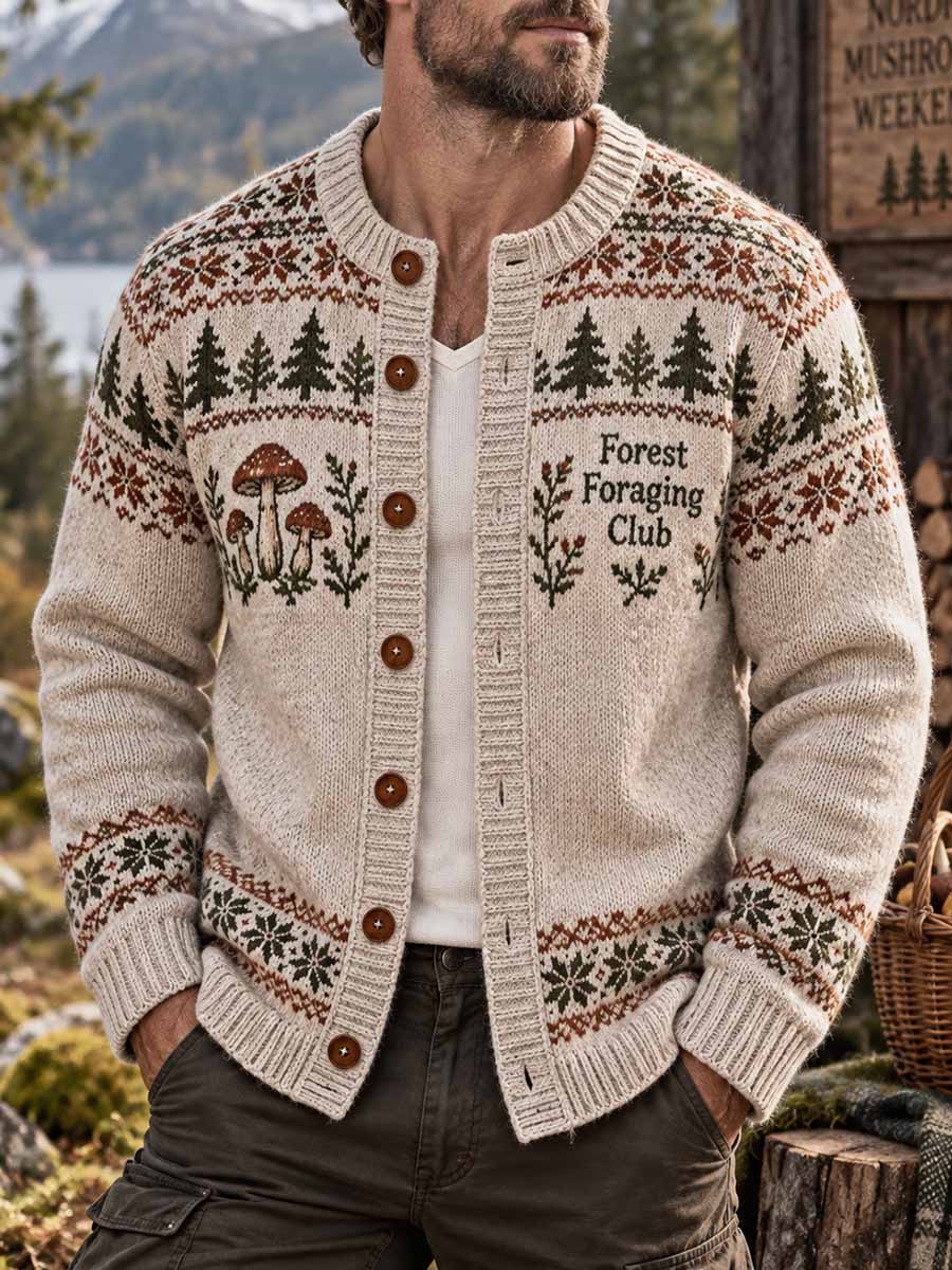 Mäns Vintage Forest Treasure Hunt Svamp säsong tryckt cardigan