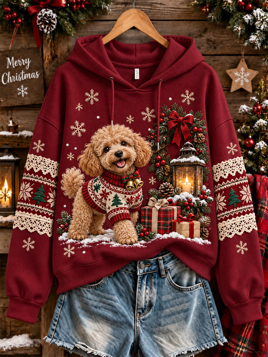 Kvinnors jul leksak Poodle mönster Casual Hoodie.