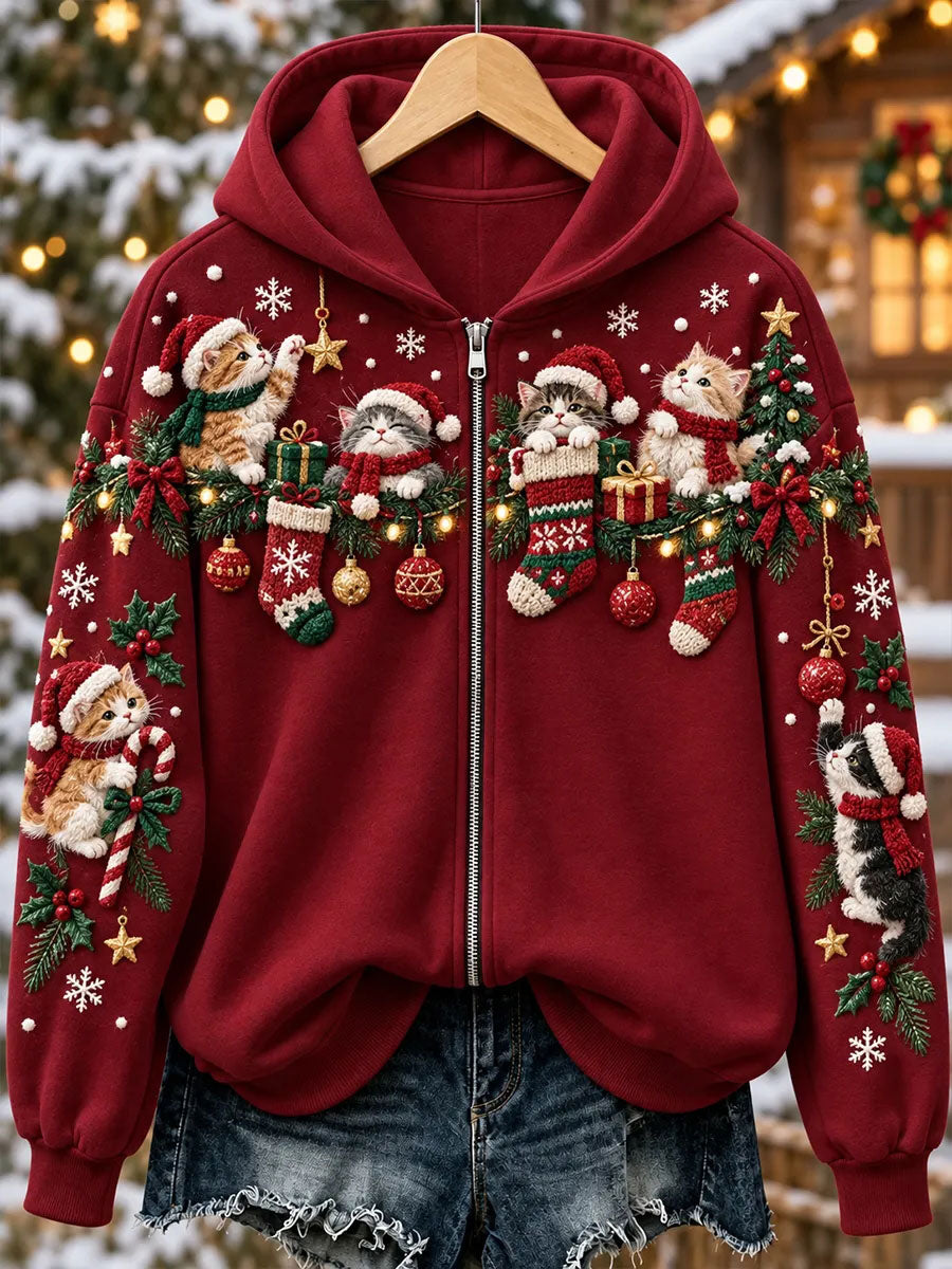 Kvinnors jul katt Skriv ut Zip-Up Hoodie.