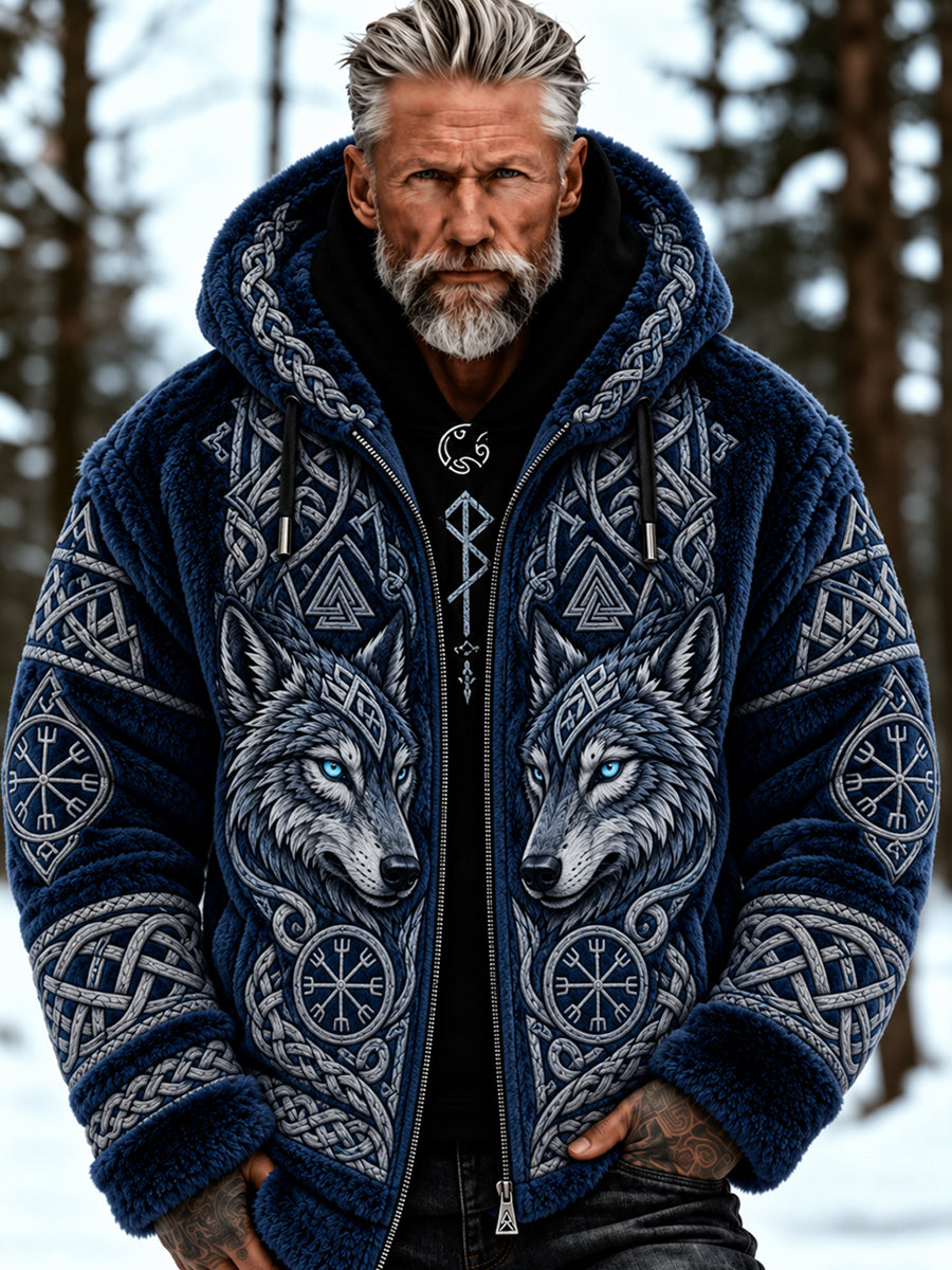 Herrtröja i vikingastil med dragkedja och huva, tillverkad i flanell
