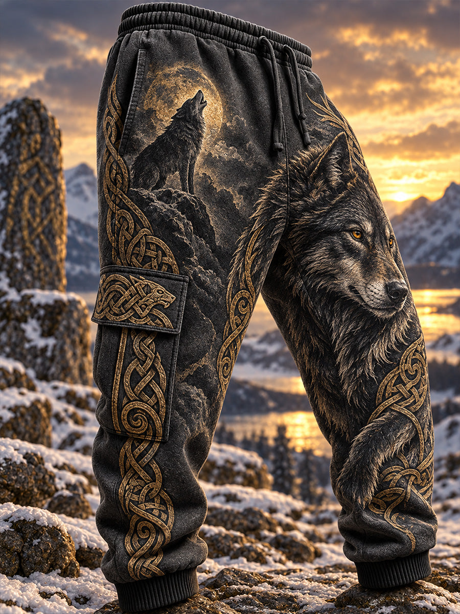 Herrmönstrade retrovåffladje i nordisk viking- och skandinavisk stil, avslappnade joggingbyxor